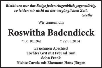 Traueranzeige von Roswitha Badendieck von Super Sonntag Dessau / Köthen