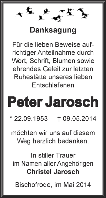 Traueranzeige von Peter Jarosch von Wochenspiegel Mansfelder Land