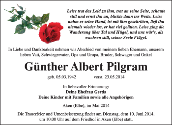 Traueranzeige von Günther Albert Pilgram von Super Sonntag Dessau / Köthen