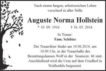 Traueranzeige von Auguste Norma Hollstein von WVG - Wochenspiegel NMB / WSF / ZTZ