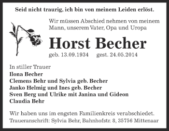 Traueranzeige von Horst Becher von Super Sonntag Zeitz