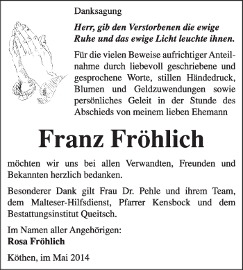 Traueranzeige von Franz Fröhlich von Super Sonntag Dessau / Köthen