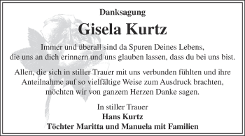 Traueranzeige von Gisela Kurtz von Super Sonntag Zeitz