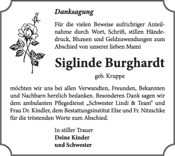 Traueranzeige von Siglinde Burghardt von Super Sonntag Dessau / Köthen