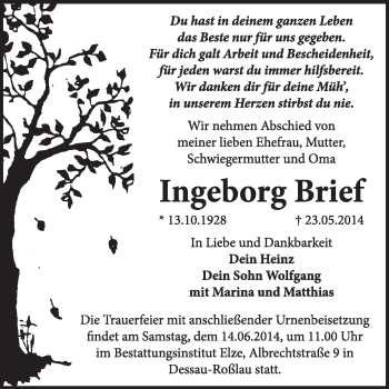 Traueranzeige von Ingeborg Brief von Super Sonntag Dessau / Köthen