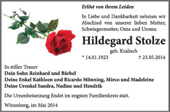Traueranzeige von Hildegard Stolze von Super Sonntag Wittenberg