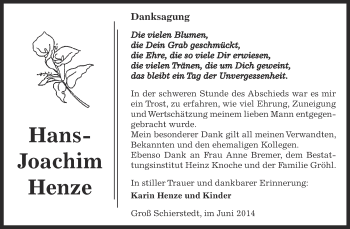Traueranzeige von Hans-Joachim Henze von Super Sonntag Aschersleben