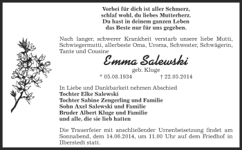Traueranzeige von Emma Salewski von Super Sonntag Bernburg