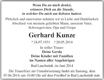 Traueranzeige von Gerhard Kunze von WVG - Wochenspiegel Merseburg