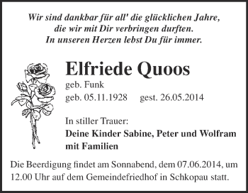 Traueranzeige von Elfriede Quoos von Super Sonntag Merseburg