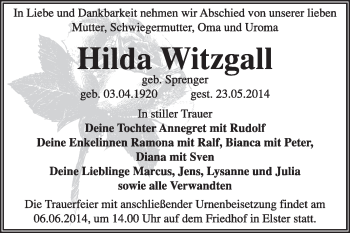 Traueranzeige von Hilda Witzgall von Super Sonntag Wittenberg