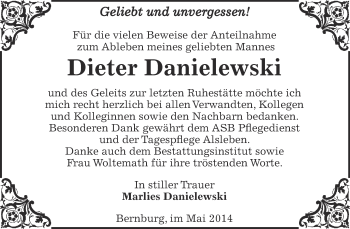 Traueranzeige von Dieter Danielewski von Super Sonntag Bernburg