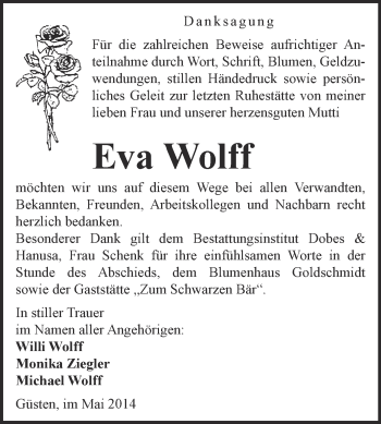 Traueranzeige von Eva Wolff von Super Sonntag Bernburg