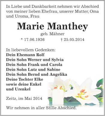 Traueranzeige von Marie Manthey von Super Sonntag Zeitz