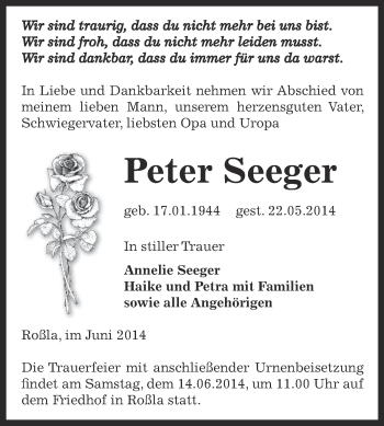 Traueranzeige von Peter Seeger von Super Sonntag SGH Mansf. Land