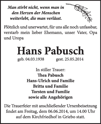 Traueranzeige von Hans Pabusch von Super Sonntag Wittenberg