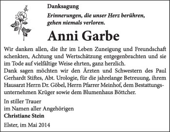 Traueranzeige von Anni Garbe von WVG - Wochenspiegel Wittenberg