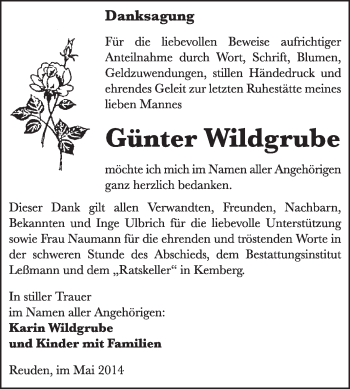 Traueranzeige von Günter Wildgrube von WVG - Wochenspiegel Wittenberg