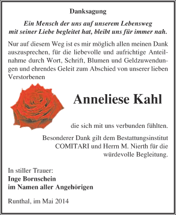 Traueranzeige von Anneliese Kahl von WVG - Wochenspiegel NMB / WSF / ZTZ