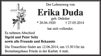 Traueranzeige von Erika Duda von Super Sonntag Dessau / Köthen