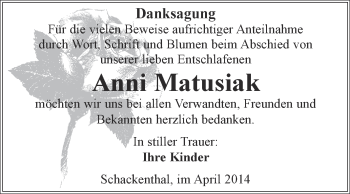 Traueranzeige von Anni Matusiak von WVG - Wochenspiegel Aschersleben