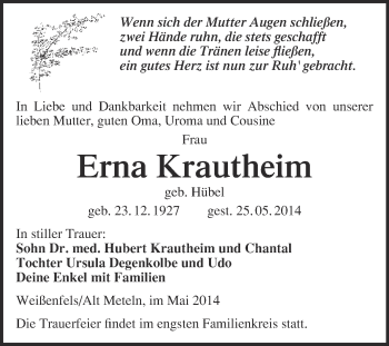 Traueranzeige von Erna Krautheim von WVG - Wochenspiegel NMB / WSF / ZTZ