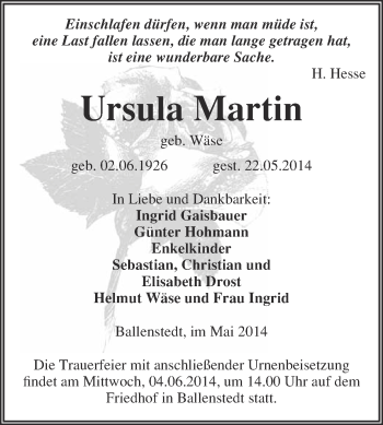 Traueranzeige von Ursula Martin von WVG - Wochenspiegel Quedlinburg