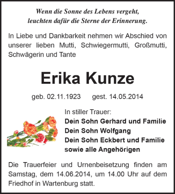 Traueranzeige von Erika Kunze von Super Sonntag Wittenberg
