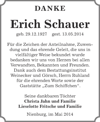 Traueranzeige von Erich Schauer von Super Sonntag Bernburg