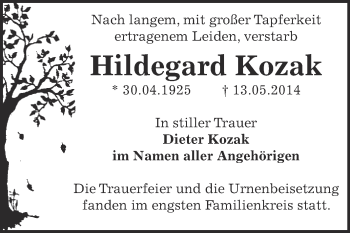 Traueranzeige von Hildegard Kozak von Super Sonntag Zeitz