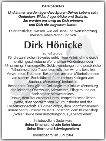 Traueranzeige von Dirk Hönicke von WVG - Wochenspiegel Merseburg
