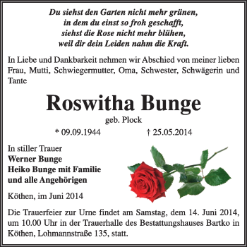 Traueranzeige von Roswitha Bunge von Super Sonntag Dessau / Köthen