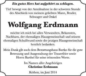 Traueranzeige von Wolfgang Erdmann von Super Sonntag Dessau / Köthen