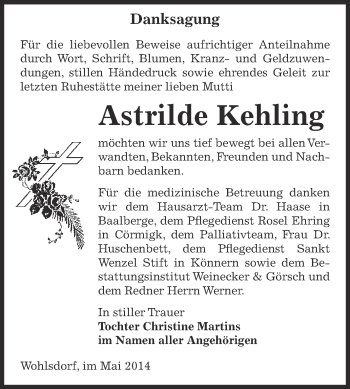 Traueranzeige von Astrilde Kehling von Super Sonntag Bernburg