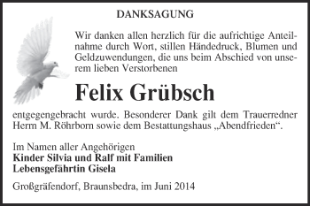 Traueranzeige von Felix Grübsch von WVG - Wochenspiegel Merseburg