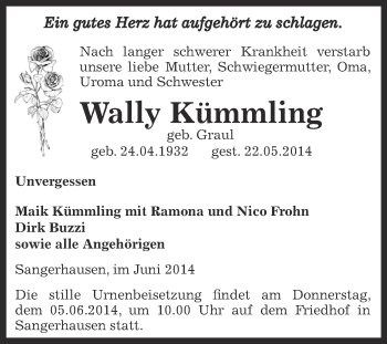Traueranzeige von Wally Kümmling von Super Sonntag SGH Mansf. Land