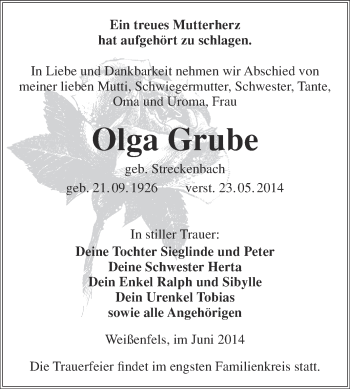 Traueranzeige von Olga Grube von WVG - Wochenspiegel NMB / WSF / ZTZ