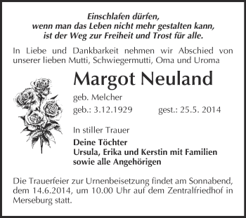 Traueranzeige von Margot Neuland von Super Sonntag Merseburg