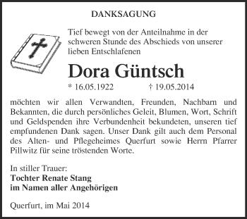 Traueranzeige von Dora Güntsch von WVG - Wochenspiegel Merseburg