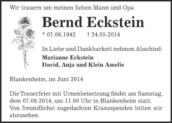 Traueranzeige von Bernd Eckstein von WVG - Wochenspiegel SGH