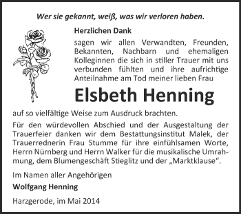Traueranzeige von Elsbeth Henning von WVG - Wochenspiegel Quedlinburg