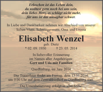 Traueranzeige von Elisabeth Wenzel von WVG - Wochenspiegel Quedlinburg