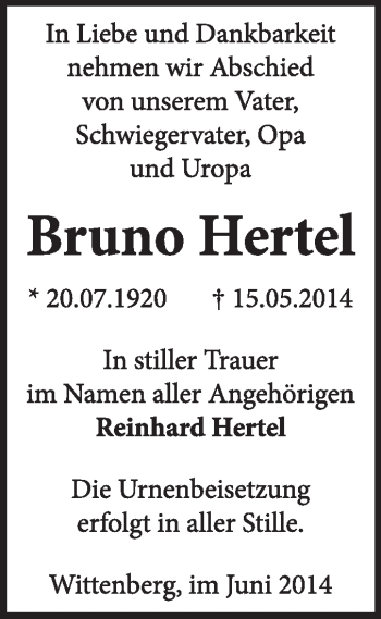Traueranzeige von Bruno Hertel von Super Sonntag Wittenberg
