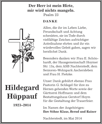 Traueranzeige von Hildegard Hüppauf von Super Sonntag Aschersleben