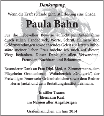 Traueranzeige von Paula Bahn von WVG - Wochenspiegel Wittenberg