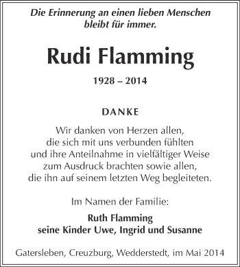 Traueranzeige von Rudi Flamming von Super Sonntag Aschersleben