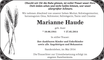 Traueranzeige von Marianne Haude von Wochenspiegel Mansfelder Land