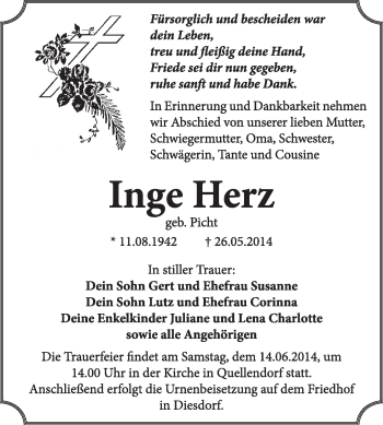 Traueranzeige von Inge Herz von Super Sonntag Dessau / Köthen