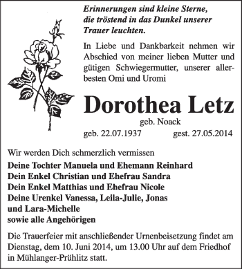 Traueranzeige von Dorothea Letz von WVG - Wochenspiegel Wittenberg