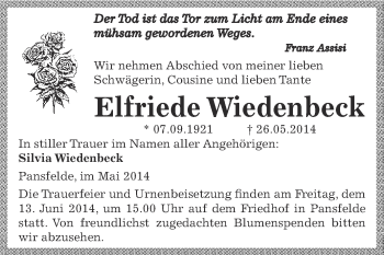 Traueranzeige von Elfriede Wiedenbeck von Wochenspiegel Mansfelder Land